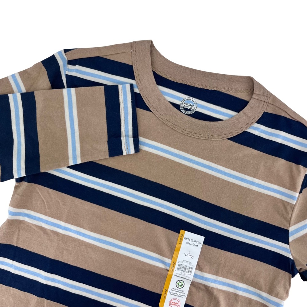 Casual Long Sleeve T-Shirt Boys L 10-12 Camel Navy Blue Striped Wonder Nation